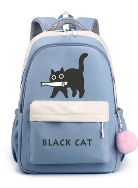 秀洛小黑猫吃鱼出游轻便双肩背包小学生男童三到六年级书包双肩包