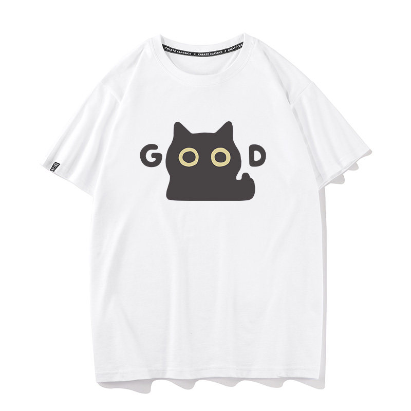 秀洛good黑猫字母夏季纯棉宽松短袖T恤男休闲潮流搞笑猫咪情侣装