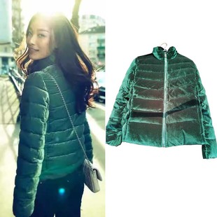 2025冬倪妮明星同款衣服天鹅绒丝绒墨绿色外套修身显瘦短款羽绒服