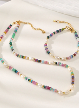 原创彩虹色五彩石巴洛克珍珠项链轻奢饰品小众百搭气质复古锁骨链