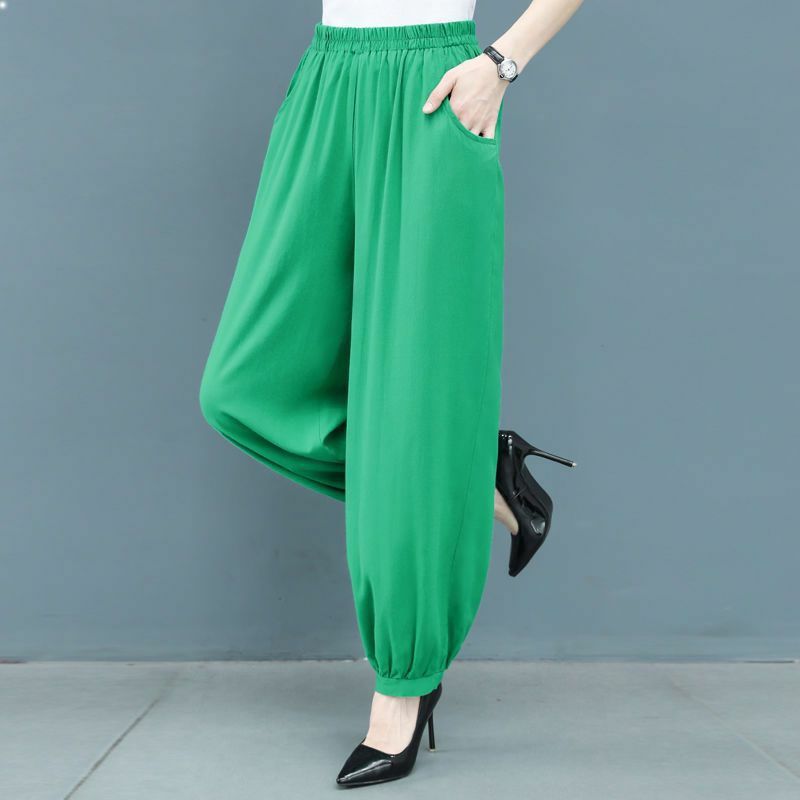 棉绸灯笼裤子女2024新款夏季宽松哈伦裤印花薄款高腰休闲阔腿长裤