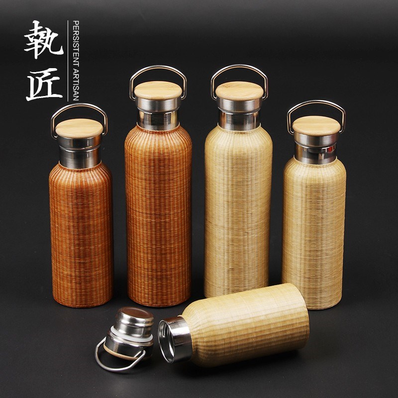 竹编细丝保温杯保温壶热水瓶茶具茶杯304不锈钢瓷胎扣瓷 便携出游