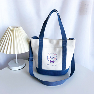 休闲帆布包日韩单肩斜挎手提包2021新款水桶拼接撞色小包女包定制