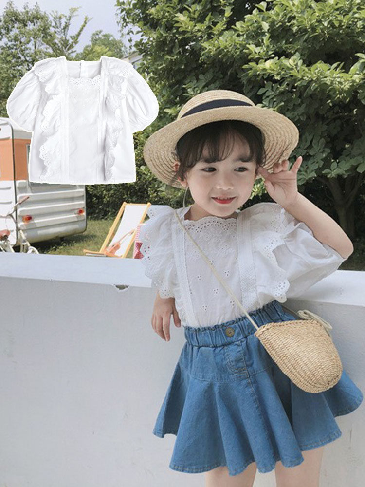 女童衬衫春夏新款荷叶领娃娃衫花边上衣洋气公主儿童衬衣牛仔短裙