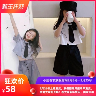 女童网红套装洋气学院风领带T恤26夏季新款儿童韩版宽松短款短裤