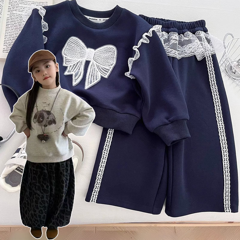 女童套装秋冬款2026新款韩系洋气蝴蝶结花边加绒加厚卫衣休闲裤潮