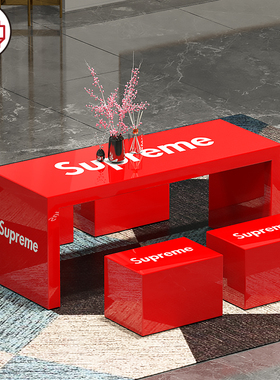 Supreme红色茶几桌商务休息区咖啡桌网红直播间潮牌桌椅摆件定制