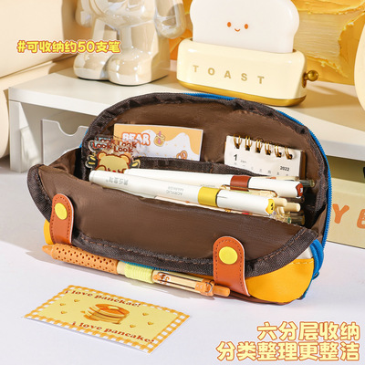 高颜值ins撞色绣扣小兜笔袋小众设计感大容量手提多层收纳文具袋