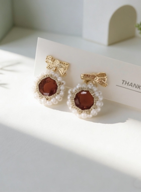 手工法式蕾丝梭编蝴蝶结耳钉通勤法式欧洲女复古小众复刻lorina特