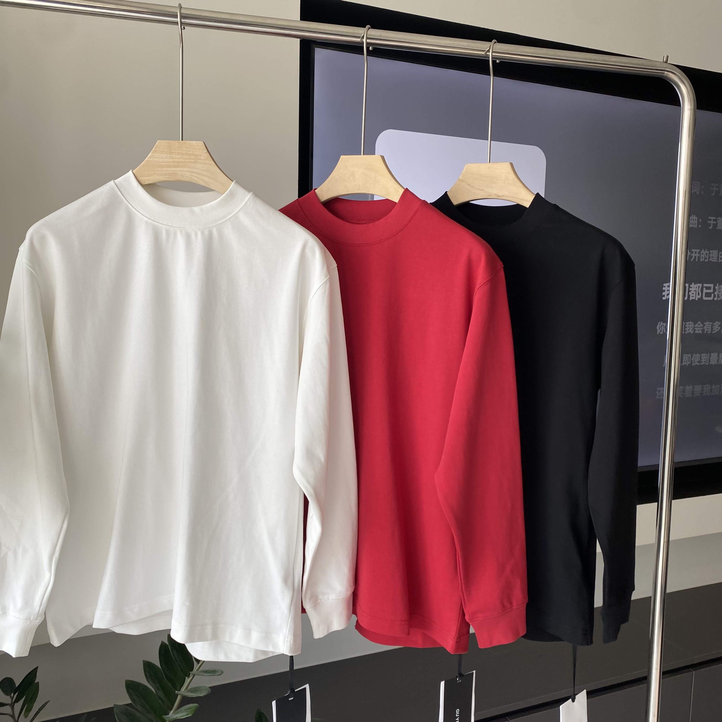 春季美式重磅100纯棉长袖T恤男宽松纯棉青年字母白色内搭上衣打底