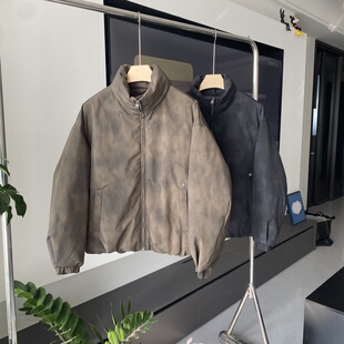 佐泽美式扎染做旧冬季男加厚保暖羽绒服立领短款外套90绒面包服潮