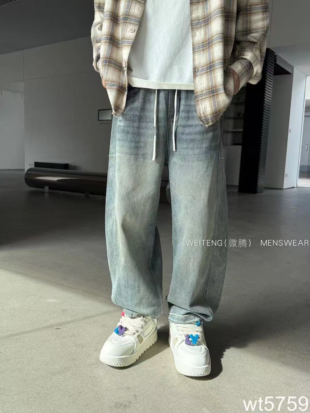 2025春季新款男士松紧带水洗直筒痞帅蓝色阔腿垂直感牛仔长裤