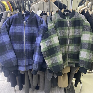 实体实拍韩系冬季男加厚保暖羽绒服毛呢棒球服拉链格子90绒外套潮