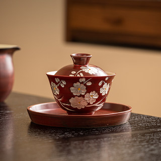 手绘山楂红单个盖碗茶杯陶瓷描银女士泡茶器家用功夫三才茶碗套装