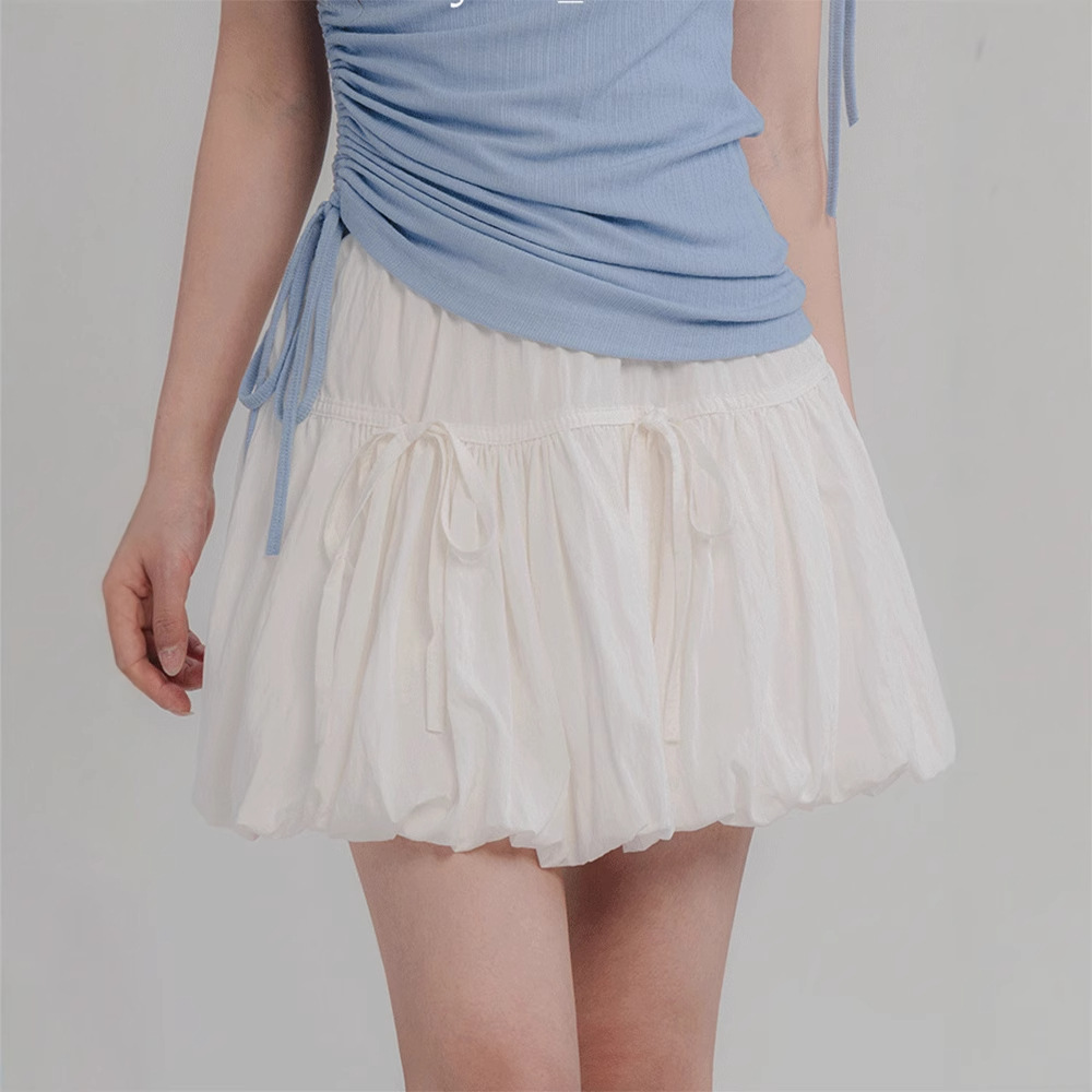 LOVEHEYNEW白色甜美系带a字半身裙女夏季小个子显瘦蓬蓬花苞短裙