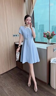 AURORA2024年春夏新款优雅轻奢气质钉珠领系腰带收腰显瘦连衣裙