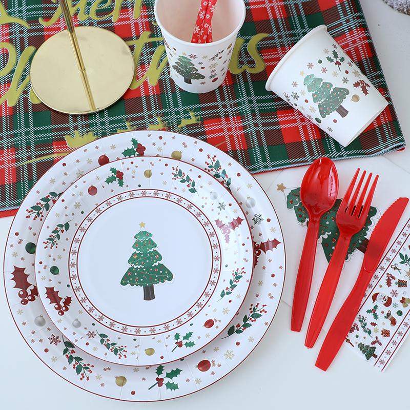 圣诞树餐具纸盘烫金覆膜防水防油