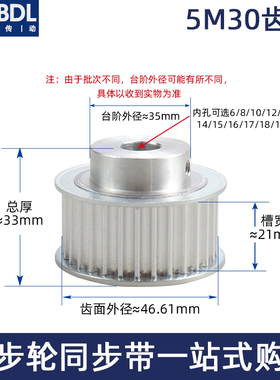 同步轮5M30齿 槽宽16/21 BF型 精加工孔6-20可加键槽凸台阶皮带轮