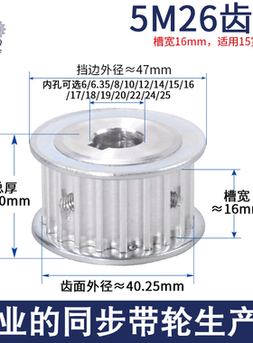 同步带轮5M 26齿内孔6-25mm配同步带槽宽16AF皮带轮 铝合金同步轮