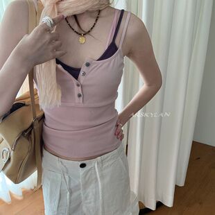 AKskylan 针织假两件吊带背心女纯欲设计感百搭修身内搭上衣85855