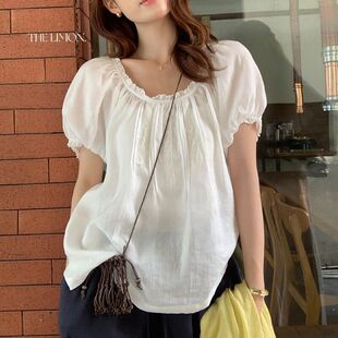 THE LEMON柠檬绿茶2026夏季韩版文艺风泡泡袖衬衫女花边圆领小衫