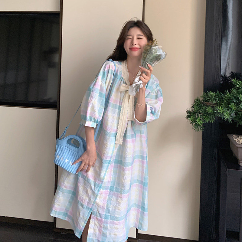 法式甜美盐系格纹连衣裙女2025夏季新款韩版宽松显瘦领口系带长裙,女装连衣裙,2C207