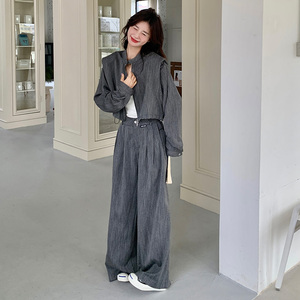 复古时尚短款外套高腰阔腿裤套装女2025秋季新款设计感休闲两件套图片