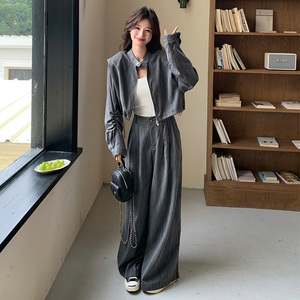 复古时尚短款外套高腰阔腿裤套装女2025秋季新款设计感休闲两件套图片