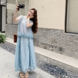 夏日清凉风蓝色穿搭一整套女2025超火巨好看背心短袖长裙三件套装，女装套装/套裙，2C207