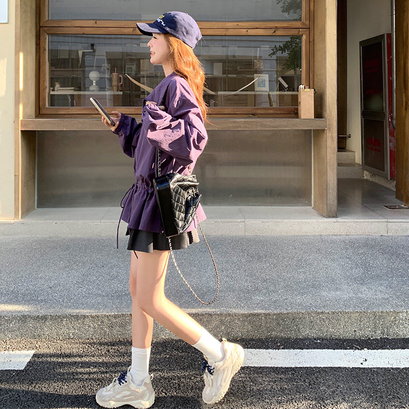 紫色设计感连帽风衣外套女2025早春秋韩系甜酷时髦收腰抽绳冲锋衣,女装风衣,2C207