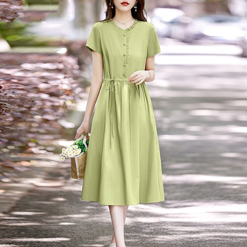 棉麻连衣裙女短袖中长款2025夏新款收腰显瘦中年妈妈气质减龄
