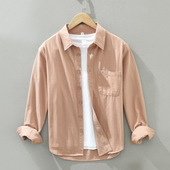 衬衫 男清新纯色宽松衬衣休闲百搭衬衫 口袋刺绣上衣男