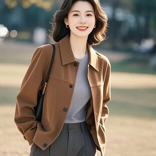 春秋韩系高级感百搭减龄漂亮洋气女士棕色翻领夹克外套 好质量