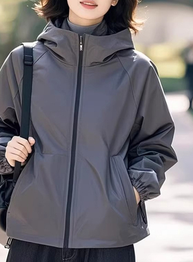 连帽冲锋衣外套女2026春秋新款韩版高级百搭休闲小个子灰色上衣潮