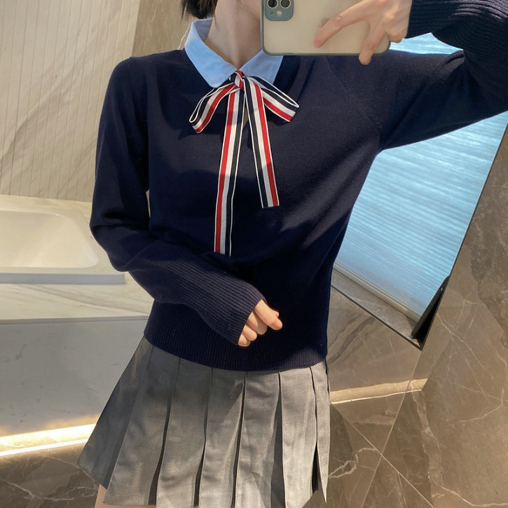2024秋冬新款TB学院风蝴蝶结领带羊毛针织衫女修身显瘦打底毛衣