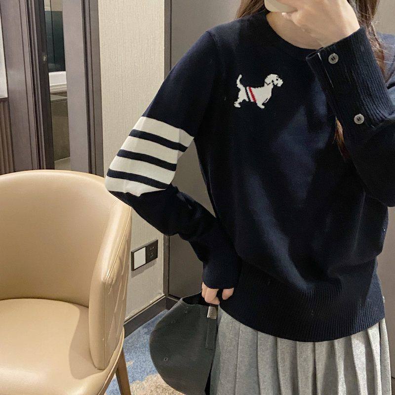 tb四杠灰色小狗刺绣羊毛针织衫女打底衫内搭秋冬新款长袖上衣毛衣