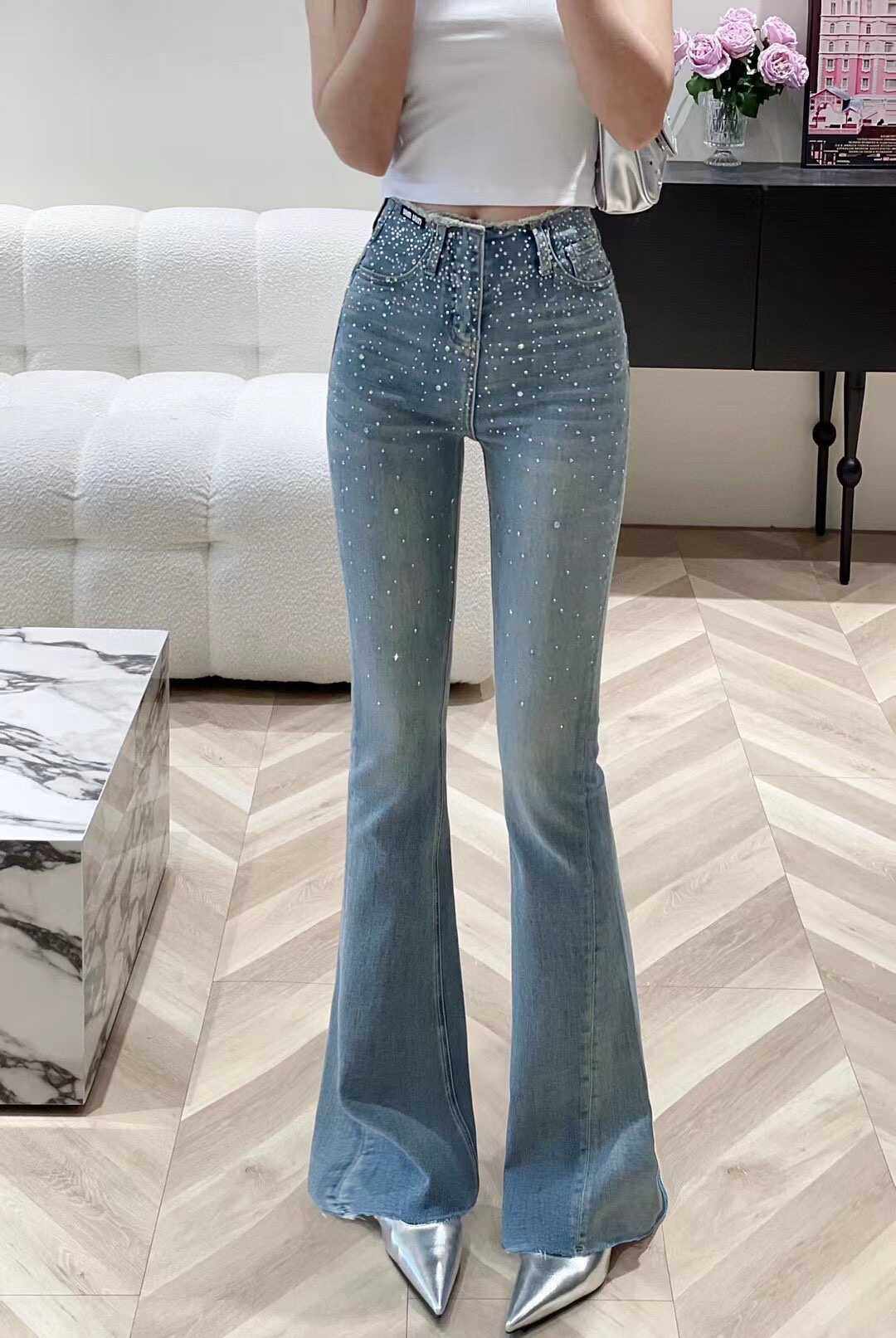 弹力高腰miu重工烫钻牛仔裤女新款显瘦微喇叭裤垂感拖地长裤2024,女装/女士精品,牛仔裤,淘宝优惠券,粉丝福利购,淘宝优惠卷