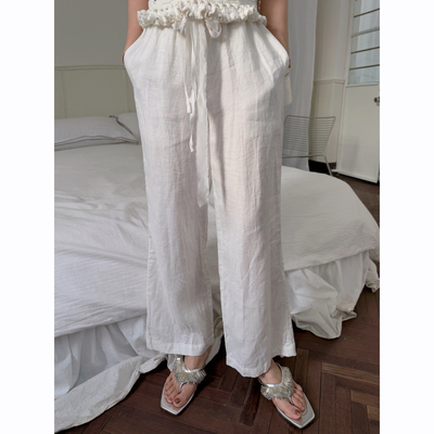TZCO25夏「白麻长裤」100%进口亚麻双飘带褶皱高级感懒人休闲裤