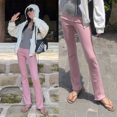 TZCO 26SS 在逃八音盒女孩 超显白芭蕾粉Y2K翻边高腰长裤  显瘦