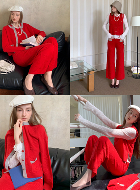 TZCO 25FW 「浮雕针织」康赛妮羊毛羊绒满件提花超正红色香风套装