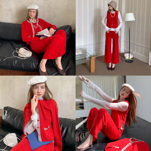 TZCO 25FW 「浮雕针织」康赛妮羊毛羊绒满件提花超正红色香风套装