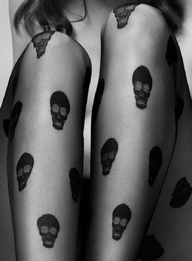 欧美个性朋克风FiORE Agent Skully 20D黑色骷颅头提花透明连裤袜