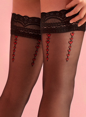 轻奢小众红色俏皮爱心提花FiORE JUDY 20D性感窄边蕾丝防滑长筒袜