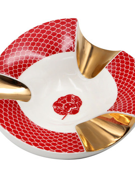 包邮 Lafuli蛇年陶瓷雪茄烟灰缸 3位多人红色圆形螺旋描金烟盅