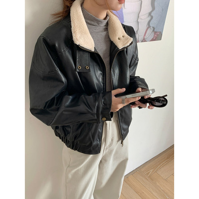 潇禾 美式复古皮毛一体羊羔毛夹克外套女秋冬高级感加厚机车皮衣