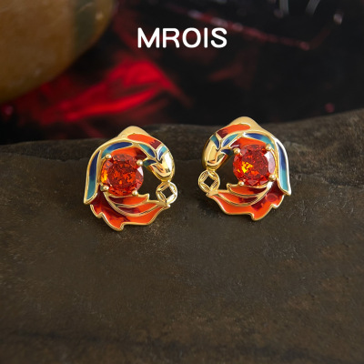 鸿运锦鲤~原创渐变珐琅釉酒红色锆石耳钉复古国风新中式轻奢耳饰