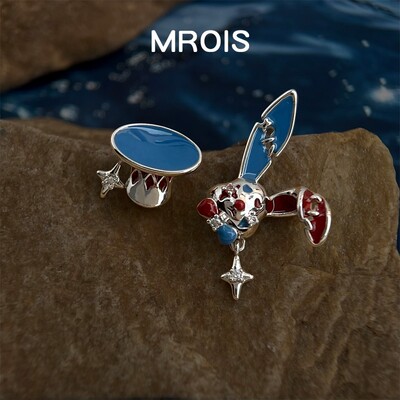 疯帽子~原创珐琅滴釉红蓝撞色锆石耳钉小众破损兔子甜酷风耳饰女