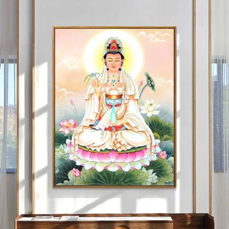 坐莲观音菩萨十字绣2025新款线绣观音佛像简单手工客厅玄关装饰画图片