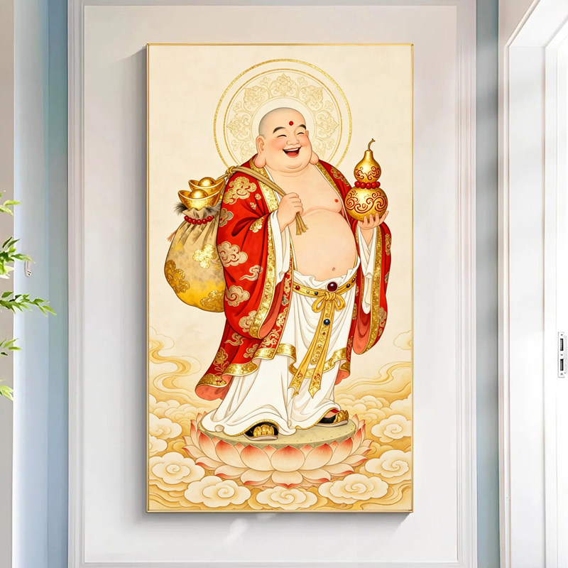 弥勒佛十字绣新款线绣佛像装饰画禅意笑口常开大肚佛竖版茶室玄关