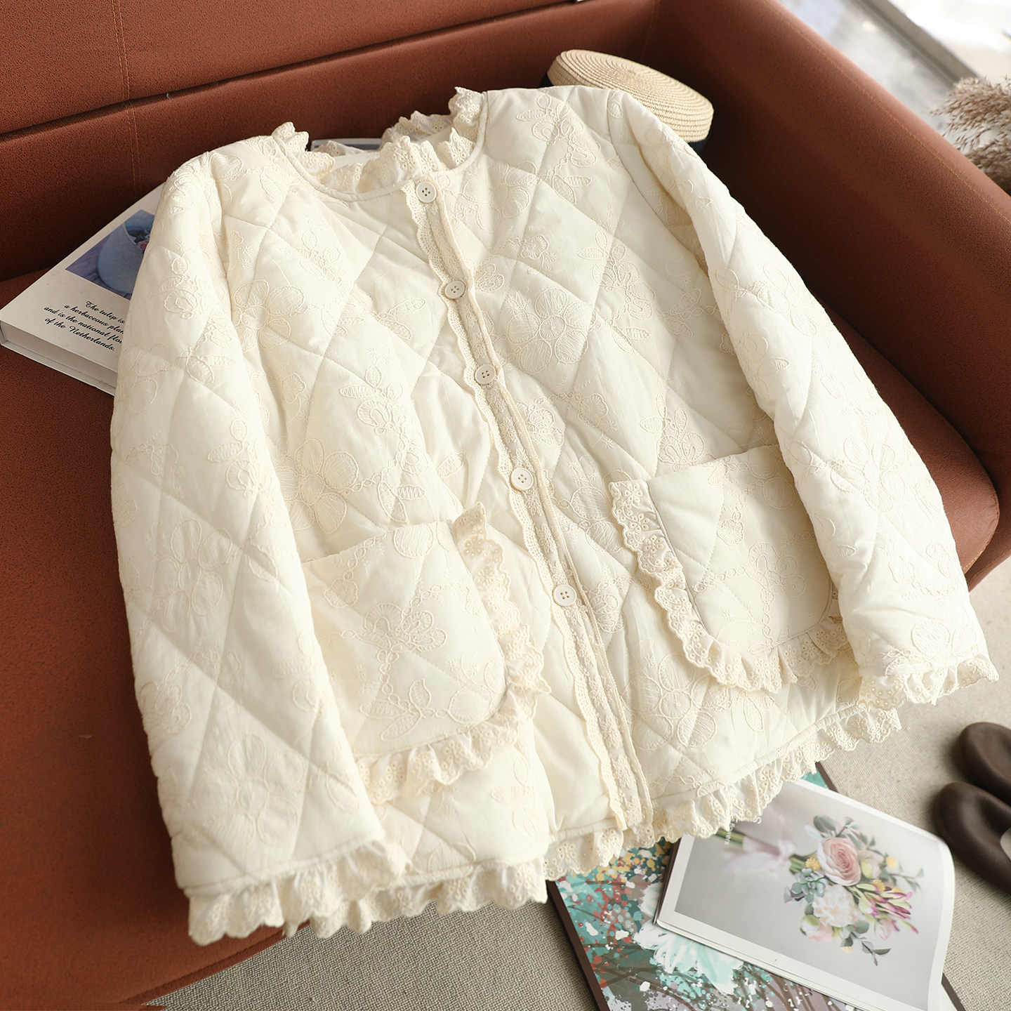 森女系小清新花边领菱形格压线棉衣棉服女双口袋全幅刺绣加棉外套